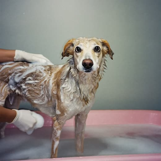 A dog being shampooed in a grooming bath