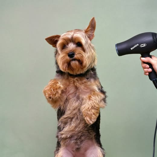 A small terrier being blow-dried after a wash